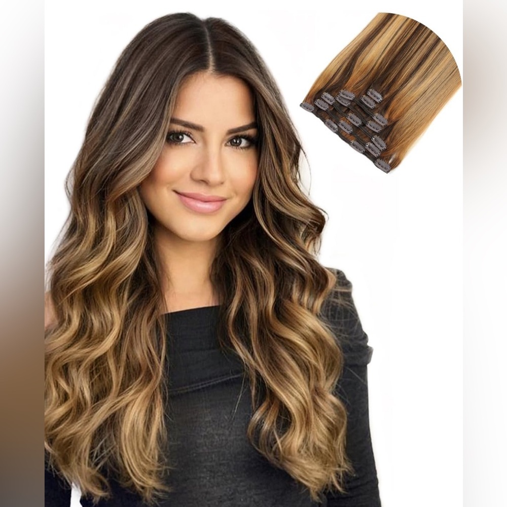 Human hair extensions, 18 inch dark brown with caramel brown highlights, NIB